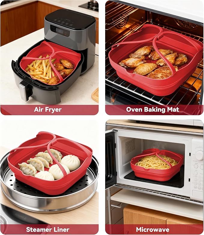 Silicone Air Fryer Liners with Handles: 8.3 Inch Square Reusable Airfryer Basket Liner for 3.5-5 Qt - Baking Tray Insert Cooking Air Fryer Accessories for Cosori Philips Ninja Instant Vortex Red