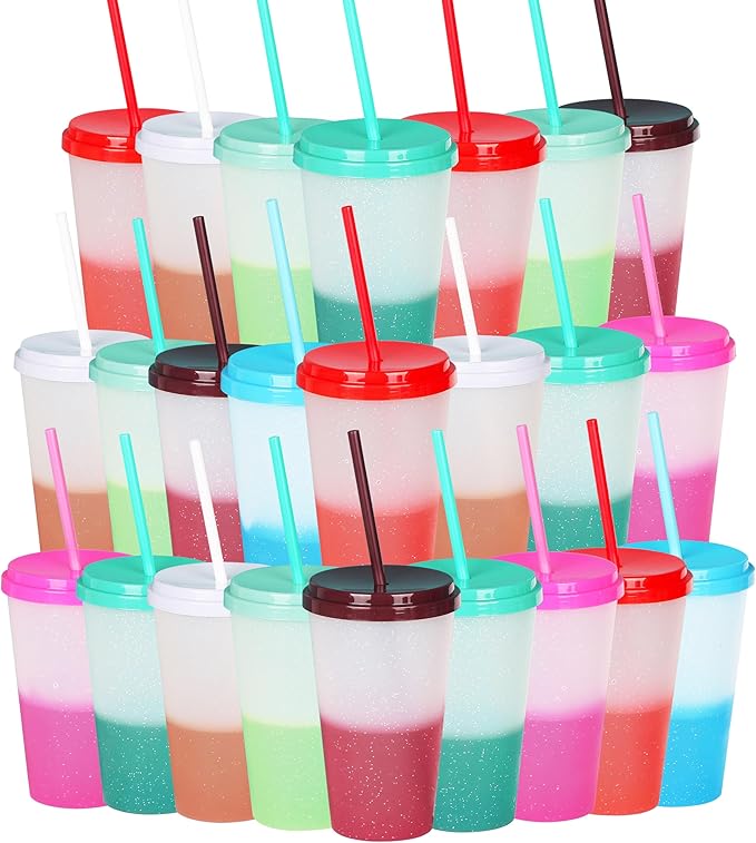 Color Changing Cups, 24 Pack 24oz Plastic Tumblers, Reusable Iced Coffee & Smoothie Cups with Lids and Straws for Parties and Travel (Bright, 24 Pcak)