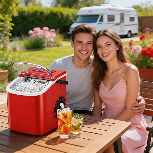Small Portable Countertop Ice Maker, 26lbs/24H Ice Machine with Self-Cleaning, 6-8 Mins Fast Ice Making,Quiet Operation, Compact Ice Maker with Handle for Home Kitchen Camping RV (red, 26lbs)