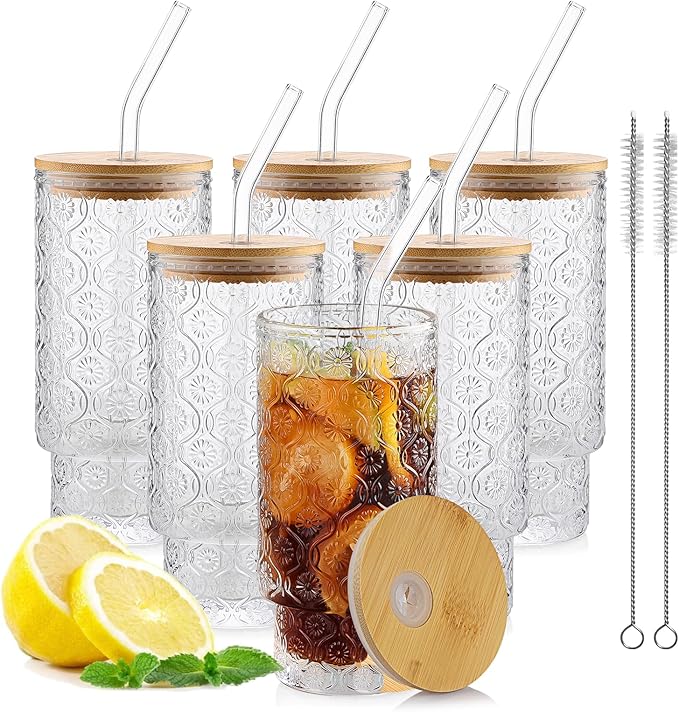 16oz Glass Cups with Lids and Straws, 6 Pack Vintage Drinking Glasses Tumblers Begonia Flower Iced Coffee Cups for Kitchen, Home, Office, Gifts