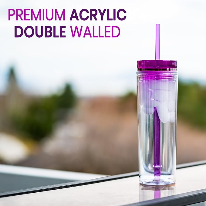 SKINNY TUMBLERS 4 Colored Acrylic Tumblers with Lids and Straws | Skinny, 16oz Double Wall Clear Plastic Tumblers With FREE Straw Cleaner & Name Tags! (Multicolor, 4)