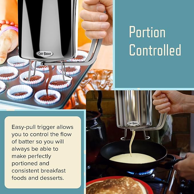 Chef Buddy Pancake Batter Dispenser, Baking Tools, Great for Pancakes, Cupcakes, Muffins Creeps, Cakes, Waffles, Sauce and more - Normal Stainless Steel