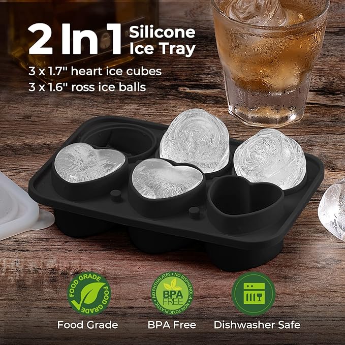 3 Rose & 3 Heart Shaped Ice Cube Tray, MEETRUE Silicone Ice Cube Tray with Clear Funnel-type Lid Novelty Rose Ice Cube Mold Ice Ball Maker Mold Ice Tray for Cocktails Whiskey Chilled Drinks,Black