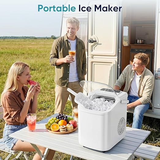 DUMOS Ice Maker, Nugget Ice Machine Countertop with Basket, Scoop and Portable Handle, 26lbs Daily, 9 Bullet Cubes in 6~8 Mins, Self-Cleaning for Kitchen, Office, Outdoos, RV Camping
