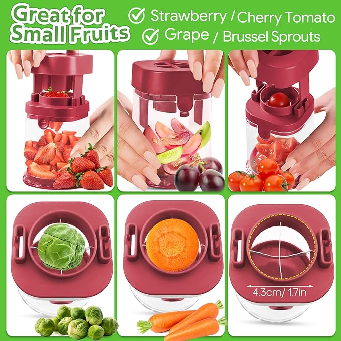 Small Fruit Cutter, Creative Strawberry & Grape Slicer, Quickly Making Fruit Vegetable Salad (Red)