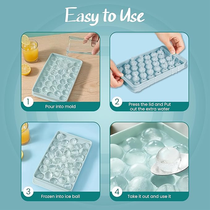 2 Pack Round Ice Cube Tray with Lid, Bin & Scoop - 0.8" 66PCS Tiny Sphere Ice Ball Maker Molds, Stackable Ice Trays for Freezer, BPA-Free Plastic Iced Bucket Kits for Cocktails/Whiskey/Coffee/Drinks