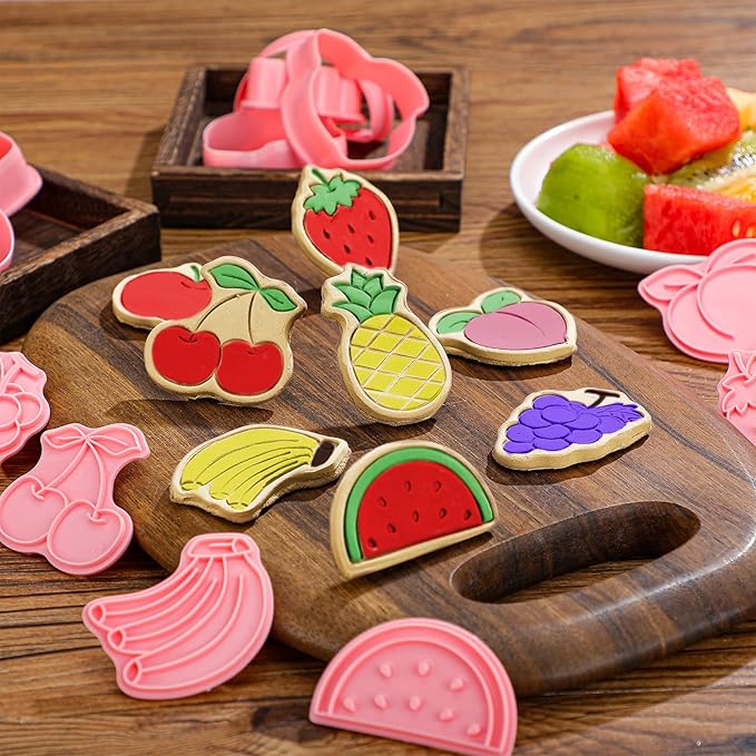 Rozer 8 Pcs Fruit Cookie Cutters with Plunger Stamps Set Christmas Fondant Cutter 3D Strawberry Apple Cherry Grape Banana Pineapple Watermelon Peach Biscuit Cookie Mold for DIY Funny Cake Baking