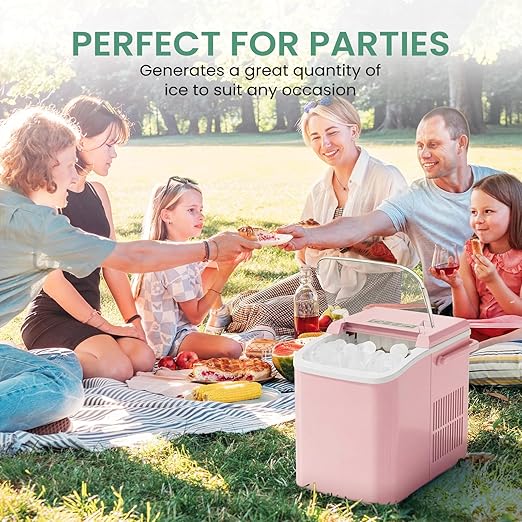 Ice Makers Countertop, Portable Ice Machine with Handle, 6 Mins 9 Bullet Ice Cubes with Basket and Scoop, 26lbs in 24Hrs, Auto-Cleaning, for Home, Kitchen, RV, Camping, Pink