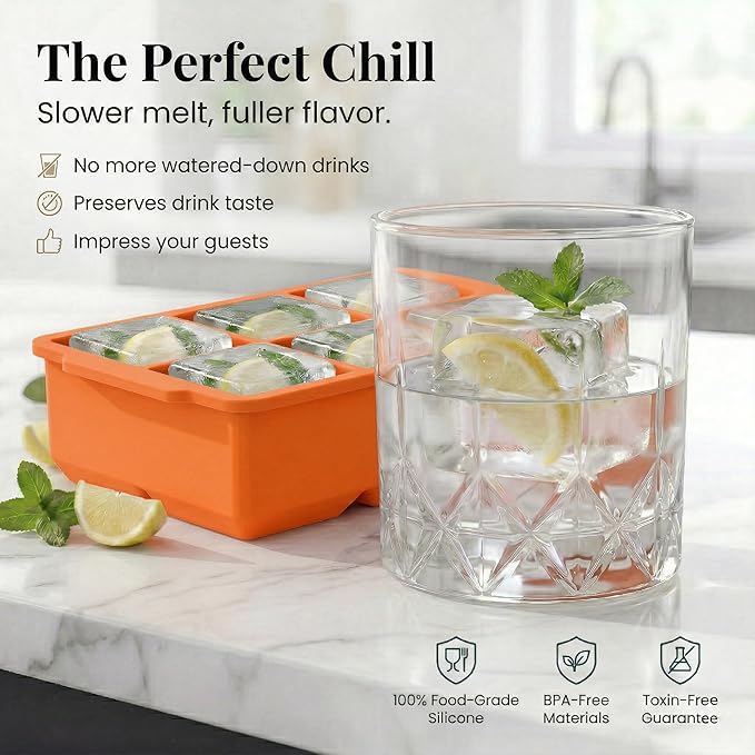 KitchFort Large Silicone Ice Cube Tray (2-Pack), Easy Release 2" Big Ice Cubes - Cocktail, Whiskey Ice Cubes Mold - Ice Trays for Freezer with Lid - Stackable Silicone Ice Tray - Orange