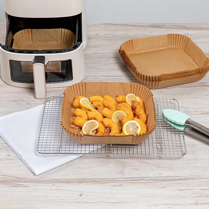Restaurantware-Pastry Tek 8.1 x 8.1 x 1.8 Inch Air Fryer Liners, 100 Square Air Fryer Baskets - No-Stick Silicone Coating, Unbleached, Food-Grade Paper Liners, For Steamer, Microwave, Oven, Fry Pan