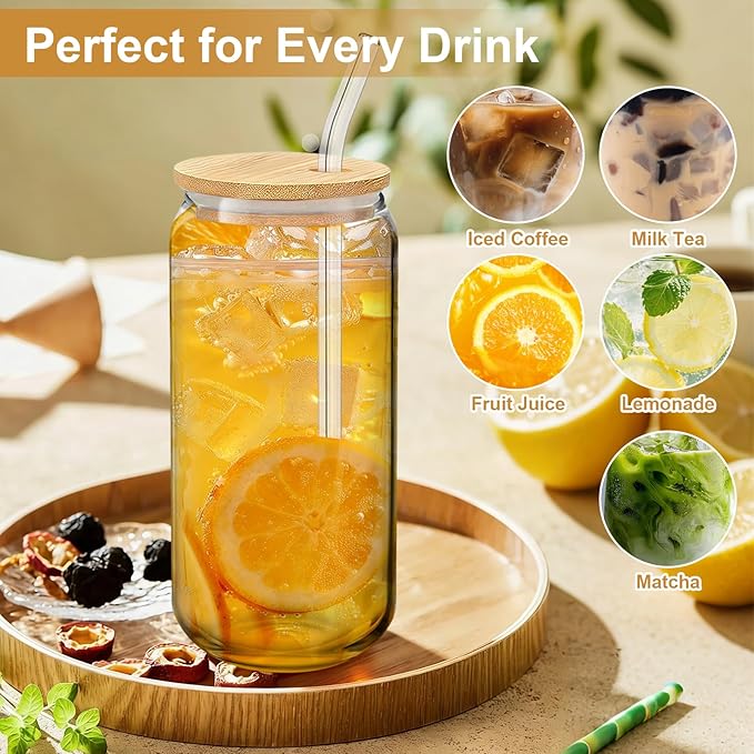 Glass Cups with Lids and Straws, 20 oz Dual Lid Two Straw Tumbler, Travel Home Versatile Beer Can Cup, Iced Coffee Drinkware, Clear Mug for Smoothie Beverage with Two Cleaning Brushes