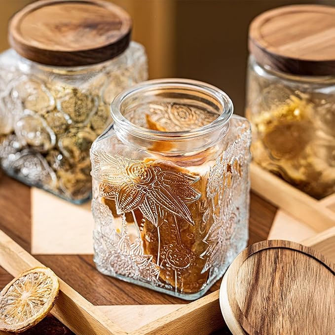 Custde Glass Storage Jars With Airtight Lid, 23.7oz Container For Kitchen Counter with Wood Lid, brown sugar, candy, coffee, cookie, salt, tea, cute Jar (Square Sunflower)