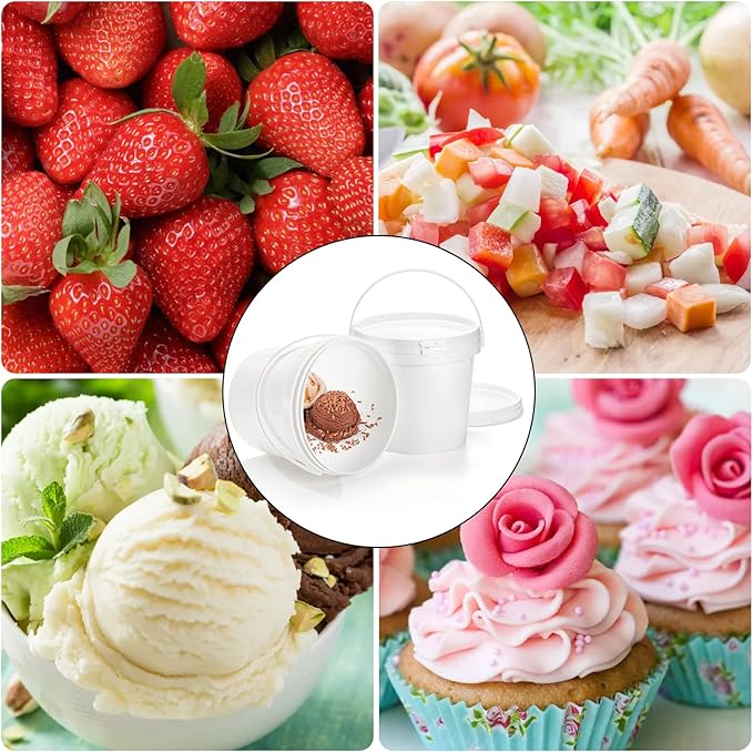 Bekith 8 Pack 80oz Plastic Ice Cream Tub with Lid, Small Bucket with Handle, Food Grade Freezer Food Storage Containers, White