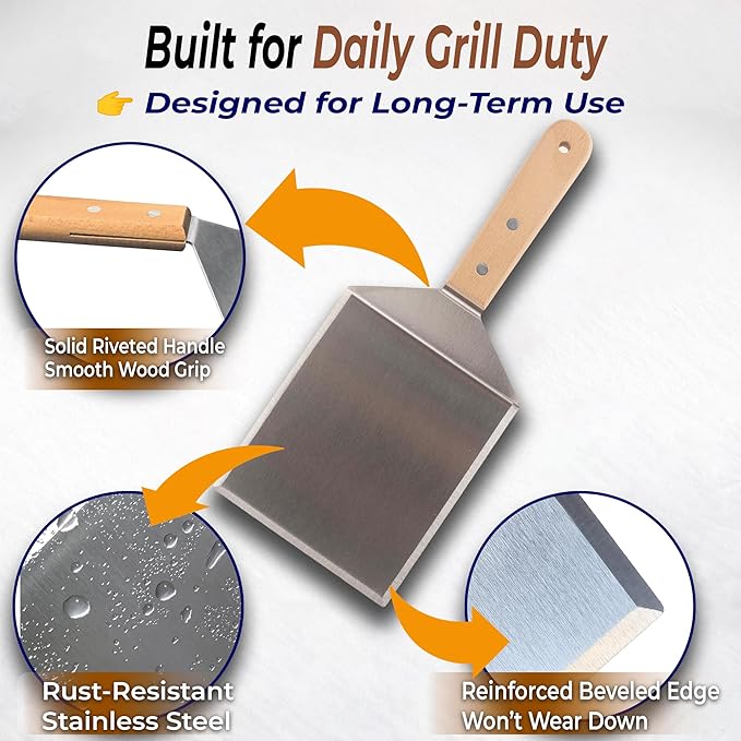 Extra Wide Griddle Spatula – Large Metal Grill Spatula with Full Tang Wooden Handle & Beveled Edges, Heavy Duty Turner for Skillets, Griddles & Grills, Perfect for Burgers (Style 04)