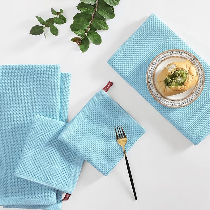 Homaxy 100% Cotton Kitchen Towels and Dishcloths Set, 12 x 12 Inches and 13 x 28 Inches, Set of 8 Bulk Kitchen Towels Set, Ultra Soft Absorbent Dish Cloths for Washing Dishes, Sky Blue