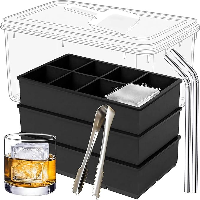 Large Silicone Ice Cube Tray - 3 Pack Trays for 8 Square Cubes with Large Bin, Scoop, Tong & 2 SS Straws - Easy Release Ice Mold for Whiskey, Cocktails, Coffee (Black)