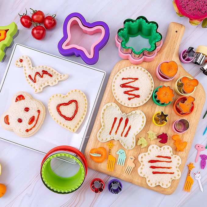 Sandwich Cutter for Kids 48 Pcs, Kimfead Cookie Cutters, Fruit Vegetable Cutter Shapes, Food Picks for Bento Box, Mouse Dinosaur Star Square Heart Shape