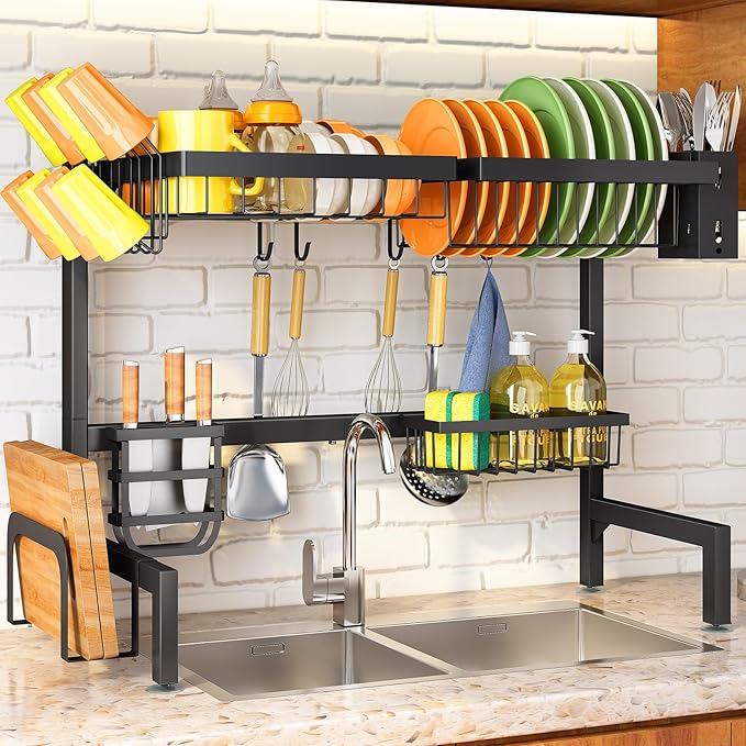 SNTD Over The Sink Dish Drying Rack - Adjustable Dish Rack for Kitchen Counter, Metal (Black)