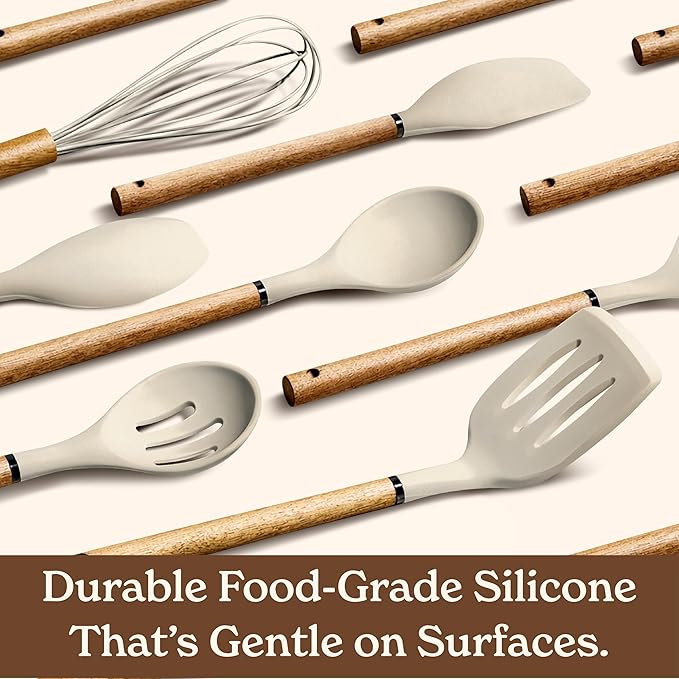 Country Kitchen Non Stick Silicone Utensil Set with Rounded Wood Handles for Cooking and Baking, 8 Piece Set, Khaki