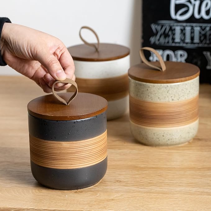 Miamolo Small Ceramic Jar with Lid, Coffee Container Kitchen Food Storage Jars for Spice Sugar Tea Bag Matcha Container Airtight, Stacairtightkable Decorative Jars for Countertop, Black & 5 fl.oz