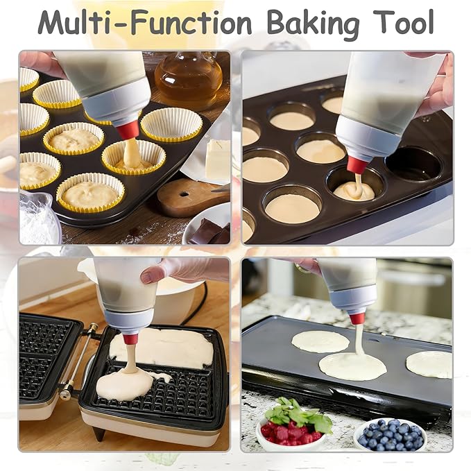 Pancake Batter Dispenser with Wire Whisk, BlenderBall, Silicone Spatula and Brush, Cleaning Brush, 1000 ML Large Capacity Leak-Proof Design for Pancakes Waffles Muffins and Crepes(White)