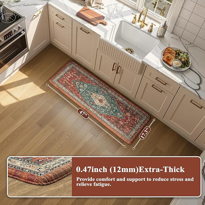 Collive Boho Cushioned Kitchen Mat, Comfort Anti Fatigue Mats for Kitchen Floor, Standing Desk Mat for Kitchen, Office, Laundry, Sink, 17.3”x47” Red Non-Skid Waterproof Kitchen Rugs
