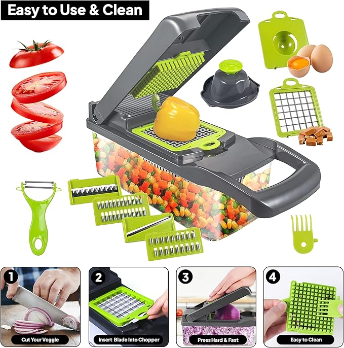 Pro-Series 16-in-1 Vegetable Chopper & Food Chopper with Container - Multi-Blade Cutter, ABS Mandoline Slicer, Fruit Slicer, Onion Chopper, Dicer, Grater, Kitchen Gadgets & Accessories