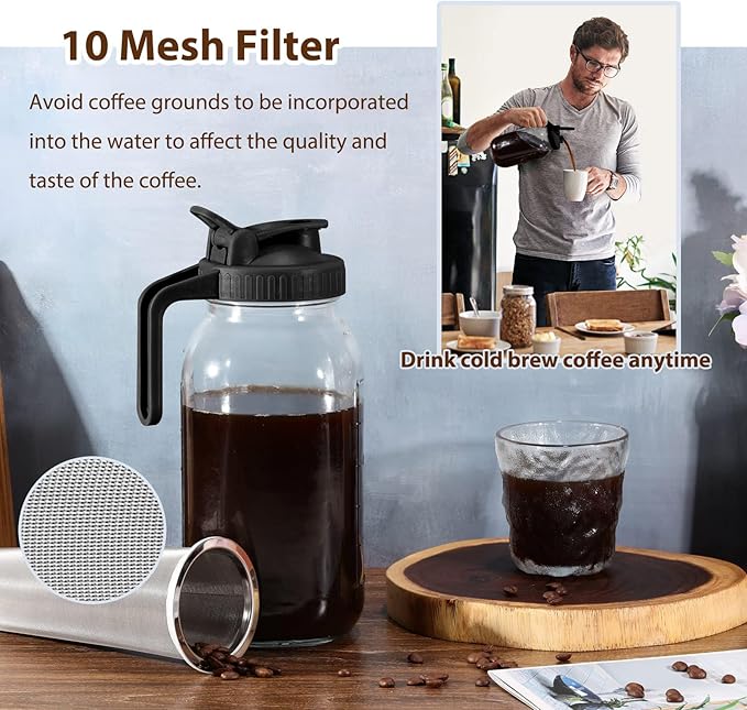 Glyntrof Cold Brew Coffee Maker Pitcher, Black 64 Oz Heavy Duty Wide Mouth Glass Mason Jar pour spout Lid with Stainless Steel Filter for Iced Coffee, Ice Drinks