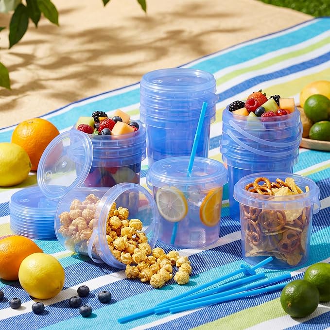 Funnymoom 24 Pack 32 oz Plastic Rum Buckets for Drinks with Straws Ice Cream Cocktail Bucket with Lids and Handles Reusable Food Containers Cup for Parties Summer Beach Bar Beer (Blue)