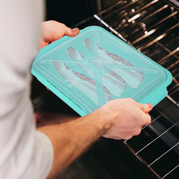 MMUGOOLER 2 Pack Microwave Easy Bacon Maker/Cooker with Lid, Safety, Quick and with No Mess, 11.3“ L x 9.0" W x 2.4" H- Blue