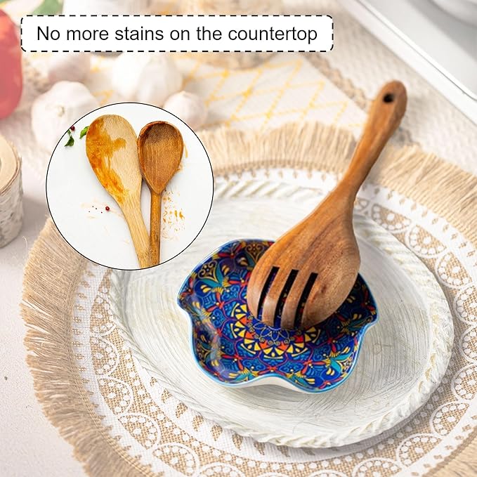 Miamolo Spoon Rest for Kitchen Counter Boho Style Spatula Rest Spoon Holder, 5.3in Ceramic Stove Spoon Rest Cooking Housewarming Gift Modern Farmhouse Home DéCor