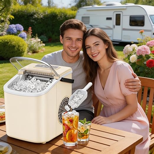Small Portable Countertop Ice Maker, 26lbs/24H Ice Machine with Self-Cleaning, 6-8 Mins Fast Ice Making,Quiet Operation, Compact Ice Maker with Handle for Home Kitchen Camping RV (Beige, 26lbs)
