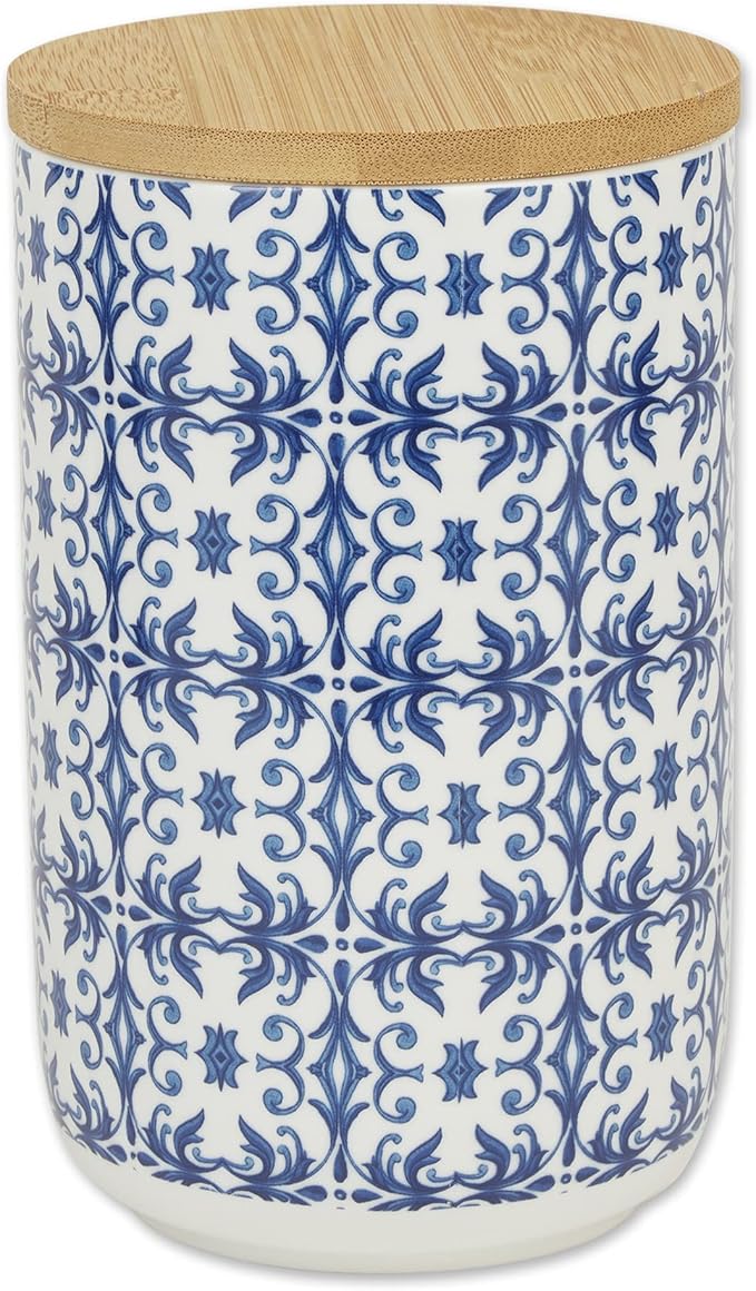 Bone Dry Ceramic Pet Treat Canister with Bamboo Lid, Dishwasher Safe, Countertop Storage, Keep Dog & Cat Treats Safe & Dry, 4x6.5", Blue Tile
