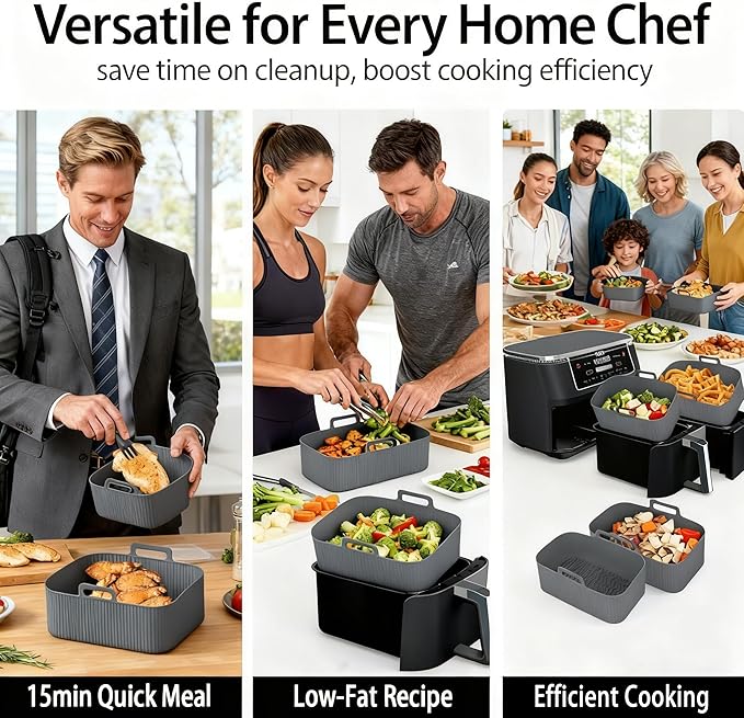 Silicone Air Fryer Liners for Ninja - Reusable DZ201 8QT Dual Basket - Rectangular 2-Pack Vacuum-Packed Easy-Clean Dishwasher-Safe Food-Safe for Home Chefs - Housewarming Gifts