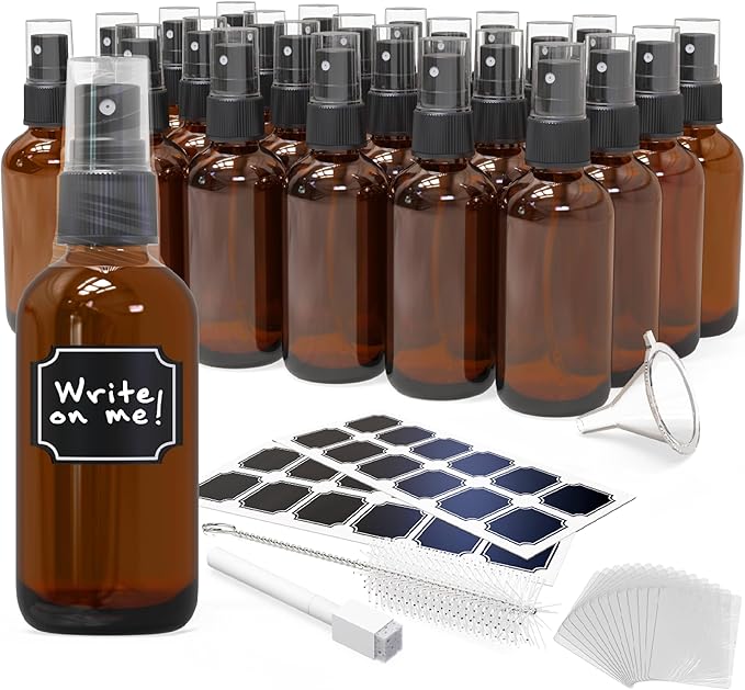 Nevlers Amber Glass Spray Bottles 4 Oz 24 Pack | Small Spray Bottle 4 Oz Set w/Shrink Wrap, Funnel, Labels, Brush & Marker | Spritzer Bottles for Hair, Face & More | Glass Bottle Sprayer for Travel