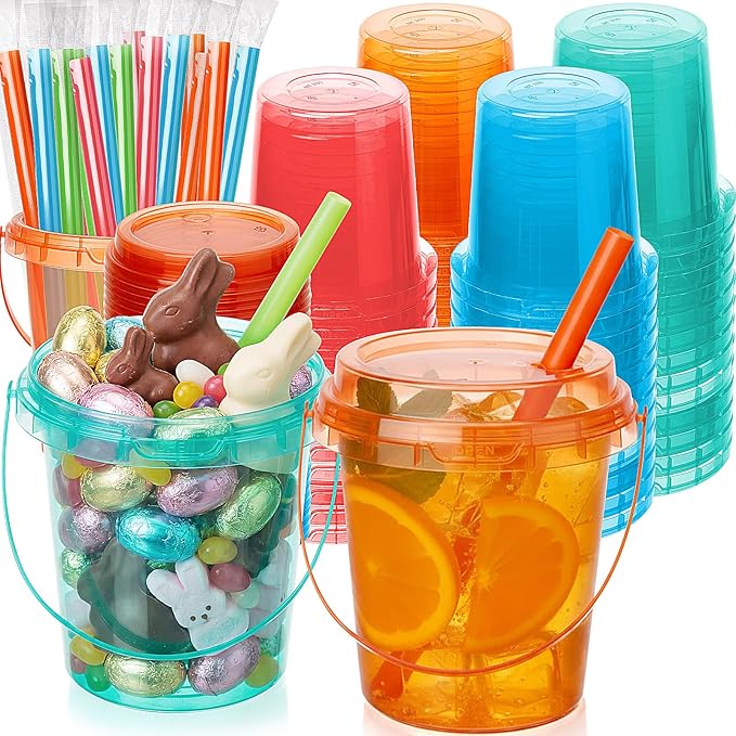 Funnymoom 100 Set 24oz Disposable Plastic Drink Buckets with Lids and Straws Pastel Iced Coffee Cups Rum Buckets for Cocktail Parties Smoothie Cup Bulk with Handles for Beach Pool Party Supplies