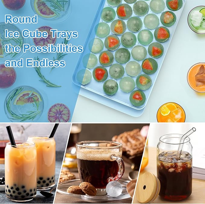 Round Ice Cube Trays for Freezer,1"x33 PCS Round Ice Cube Mold,Small Circle Ice Cube Tray with Lid,Ice Ball Maker Mold Making Sphere Ice Cube Chilling Drinks,Coffee(Round Ice Cube Trays)