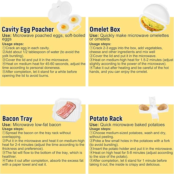 (4pcs) Easy Breakfast Set, Microwave Egg Cooker/Poacher, Microwave Omelet Maker, Microwave Bacon Tray/Cooker, Baked Potato Cooker, Easy To Use and Non-Stick Egg Cookwarez