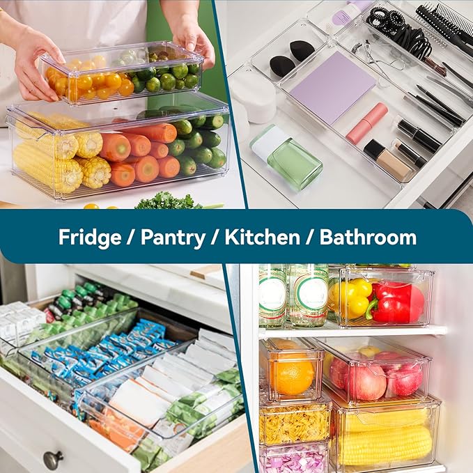 Luckore 4 Piece Refrigerator Organizer Bins, Clear Fridge Organizers and Storage, Stackable with Lids, Food Storage Containers for Fruit, Vegetable, Drinks, Cereals