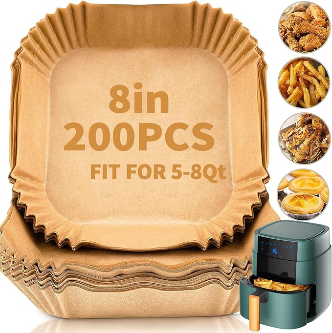 200 PCS Air Fryer Disposable Paper Liners,8 Inch Square Parchment Disposable Paper Liner for 5-8QT Air Fryer,Baking, Roasting and Microwave, Non-Stick Airfryer Accessories