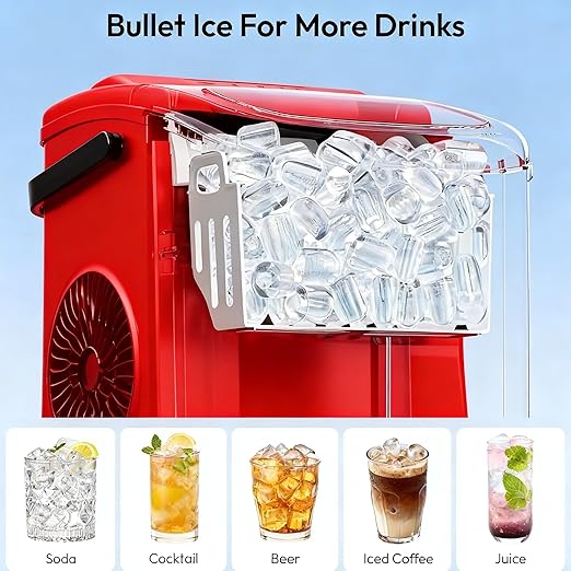 Small Portable Countertop Ice Maker, 26lbs/24H Ice Machine with Self-Cleaning, 6-8 Mins Fast Ice Making,Quiet Operation, Compact Ice Maker with Handle for Home Kitchen Camping RV (red, 26lbs)