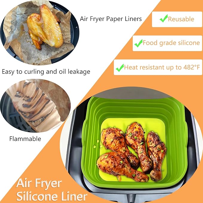 Air Fryer Liners Silicone Basket Reusable Air Fryer Pots for 5-9QT Air Fryer Foldable Easy to Clean Oven Accessories Green 7.87 Inch