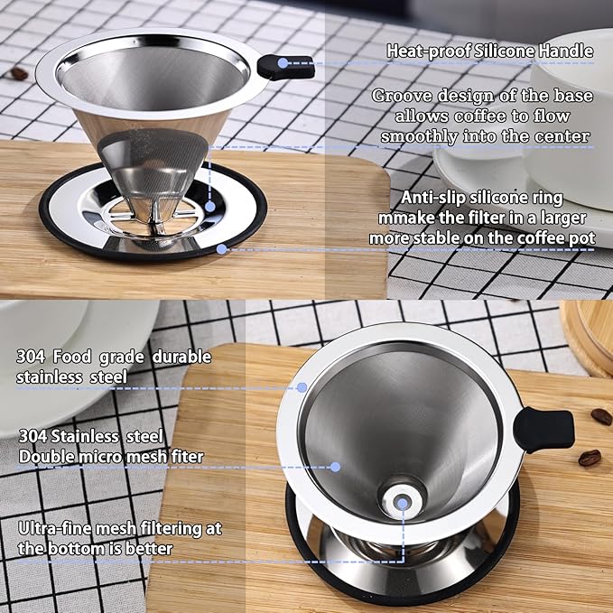 Pour Over Coffee Filter Dripper, Stainless Steel Metal Cone Drip Coffee Filter, Paperless and Permanently Reusable, Double Mesh Coffee,Tea Filter for 1-3 Cup