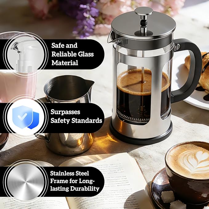 French Press Coffee Maker 34oz, Heat Resistant Thickened Glass Stainless Steel Brewer, No Plastic Touching Cafe, 4-Level Filtration, Cold Brew Cafe/Tea Pot for Kitchen Camping Travel, Gifts, Bar