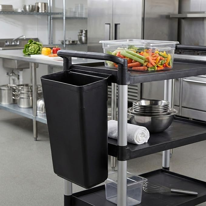 Restaurantware RW Clean 13 Inch x 9.2 Inch Waste Basket 1 Slim Trash Bin - Attachable For Office Black Plastic Trash Can Fits Rolling Utility Cart Heavy Duty
