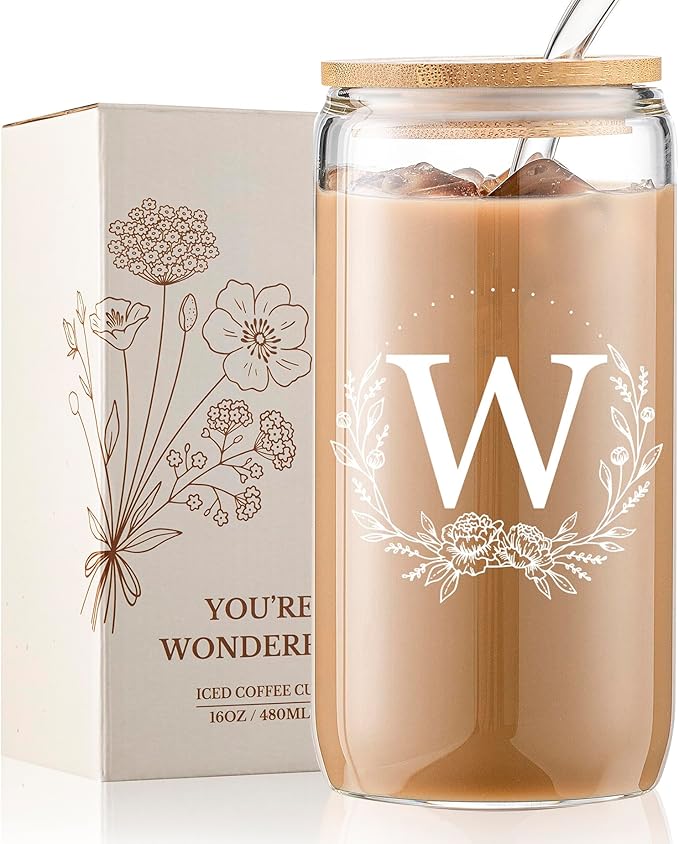 Personalized Gifts for Women, Monogrammed 16oz Glass Cups with Bamboo Lids and Straws, Customized Glass Tumbler, Cute Custom Mug, Customizable Initial Iced Coffee Glasses, Birthday Bridesmaid Mom, W
