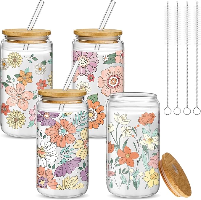 Mumufy 4 Pack Gift for Women Bohemian Flower Cute Glass Cup Tumbler Boho Floral Iced Coffee Mugs 16 oz Glass with Bamboo Lid & Straw, Mothers Day Birthday Gift for Mom Sister Bridesmaid Baby Shower