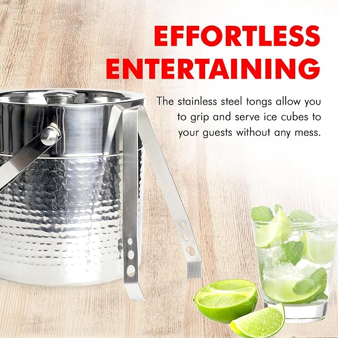 Chef Craft Hammered Ice Bucket with Tongs, Elegant Rust-Resistant Stainless Steel Ice Bucket, 3-Quart Ice Bucket Ice Buckets for Parties, Large Ice Bucket for Indoor or Outdoor Use