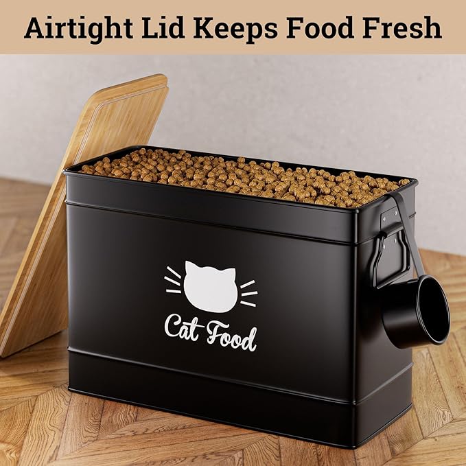 Cat Food Storage Container with Scoop - 15 lb (50 Cup) Capacity Metal Cat Food Container with Airtight Bamboo Lid & Metal Scoop - Airtight Pet Food Storage Containers - 15 lb Treats & Kibble Container