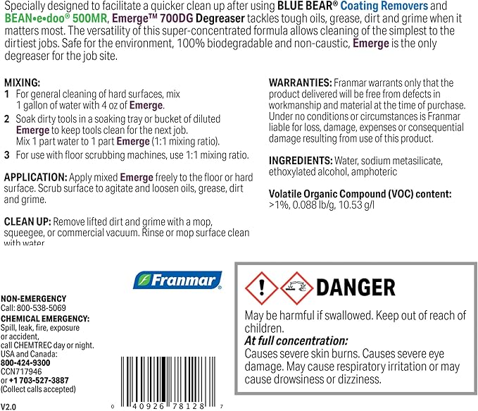 BLUE BEAR 700DG: Emerge Degreaser – Low-Odor, Biodegradable Cleaner Removes Oil, Grease, Dirt & Grime from Concrete, Tile, Wood, Stone & Tools – Safe for Heavy-Duty & Everyday Cleaning – 1 Gal